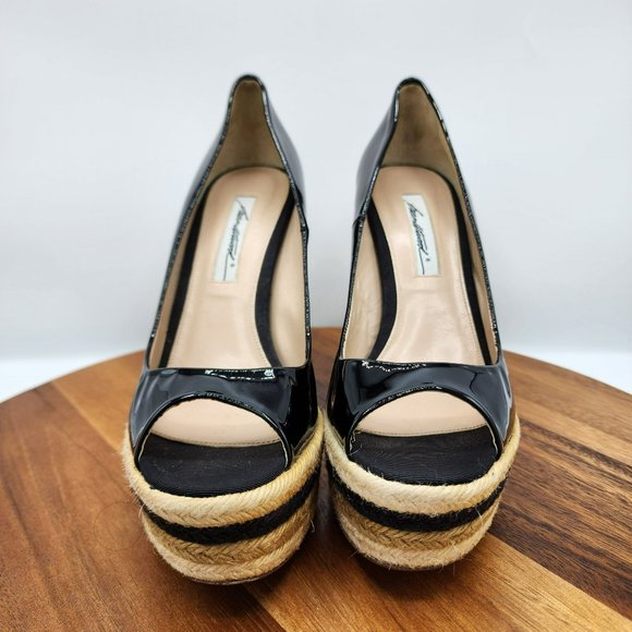 Brian Atwood Wedges Heels 40 Black Tan Cream Patent Leather Peep Toe Espadrilles - Picture 4 of 13